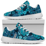 Teal Sugar Skull Flower Pattern Print Sport Shoes GearFrost