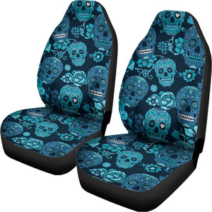 Teal Sugar Skull Flower Pattern Print Universal Fit Car Seat Covers