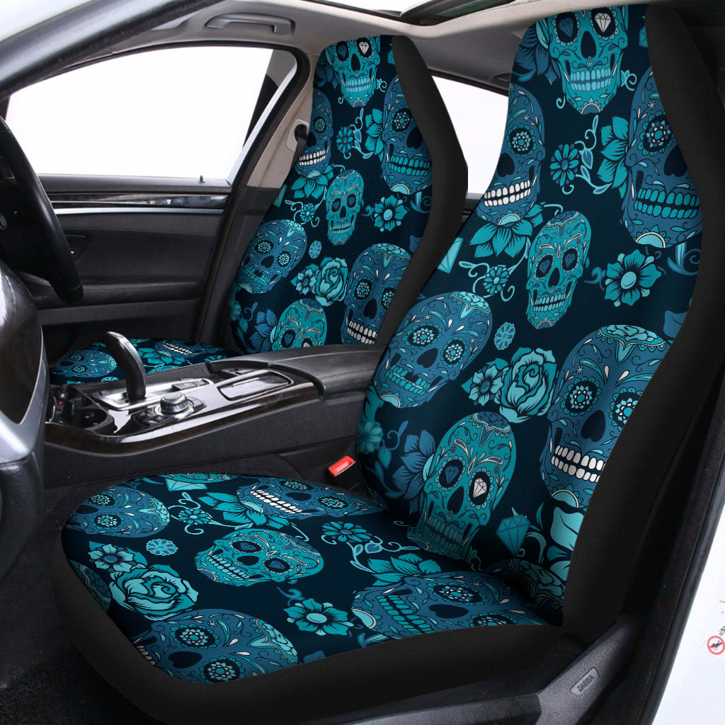 Teal Sugar Skull Flower Pattern Print Universal Fit Car Seat Covers