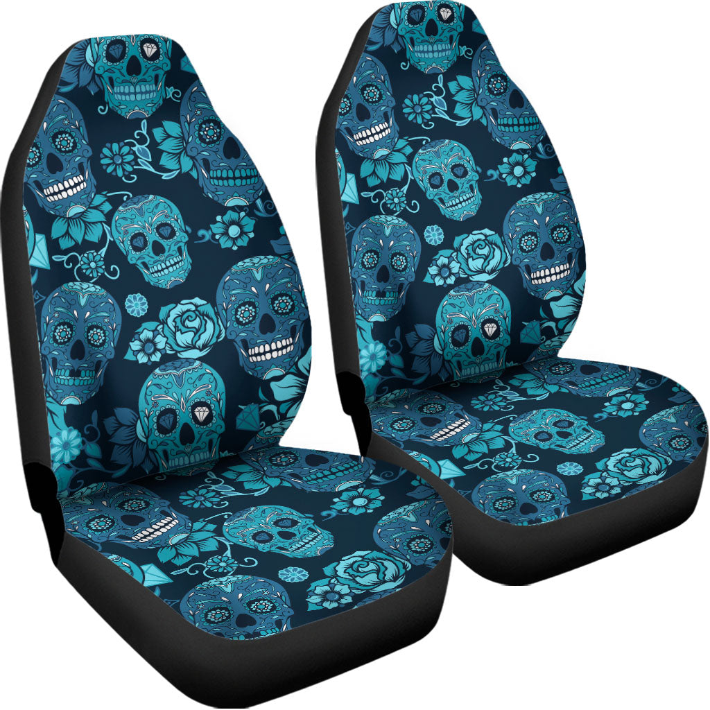 Teal Sugar Skull Flower Pattern Print Universal Fit Car Seat Covers