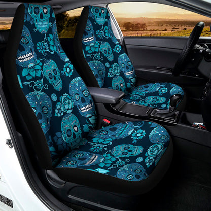 Teal Sugar Skull Flower Pattern Print Universal Fit Car Seat Covers