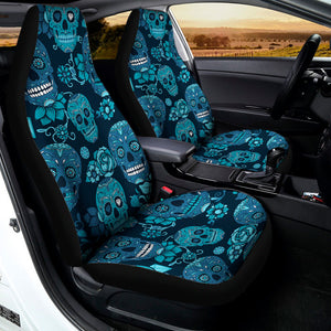 Teal Sugar Skull Flower Pattern Print Universal Fit Car Seat Covers