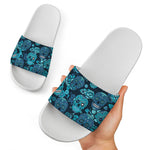 Teal Sugar Skull Flower Pattern Print White Slide Sandals