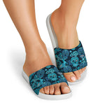 Teal Sugar Skull Flower Pattern Print White Slide Sandals
