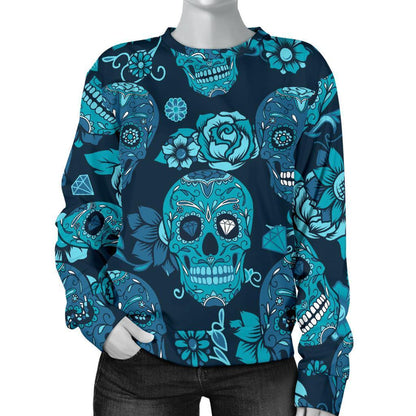 Teal Sugar Skull Flower Pattern Print Women's Crewneck Sweatshirt GearFrost