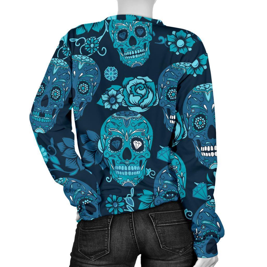 Teal Sugar Skull Flower Pattern Print Women's Crewneck Sweatshirt GearFrost