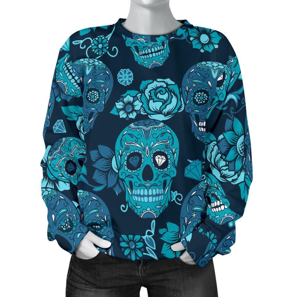 Teal Sugar Skull Flower Pattern Print Women's Crewneck Sweatshirt GearFrost