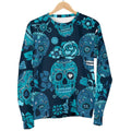 Teal Sugar Skull Flower Pattern Print Women's Crewneck Sweatshirt