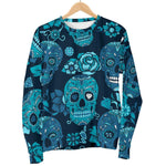 Teal Sugar Skull Flower Pattern Print Women's Crewneck Sweatshirt GearFrost