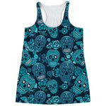 Teal Sugar Skull Flower Pattern Print Women's Racerback Tank Top
