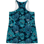 Teal Sugar Skull Flower Pattern Print Women's Racerback Tank Top