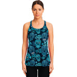 Teal Sugar Skull Flower Pattern Print Women's Racerback Tank Top