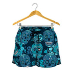 Teal Sugar Skull Flower Pattern Print Women's Shorts