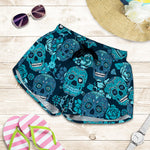 Teal Sugar Skull Flower Pattern Print Women's Shorts