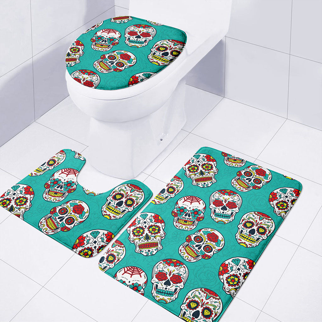 Teal Sugar Skull Pattern Print 3 Piece Bath Mat Set