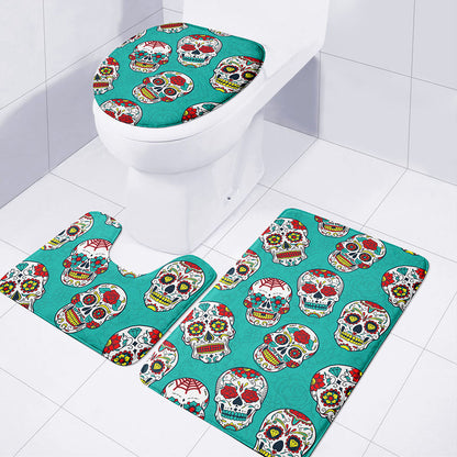 Teal Sugar Skull Pattern Print 3 Piece Bath Mat Set