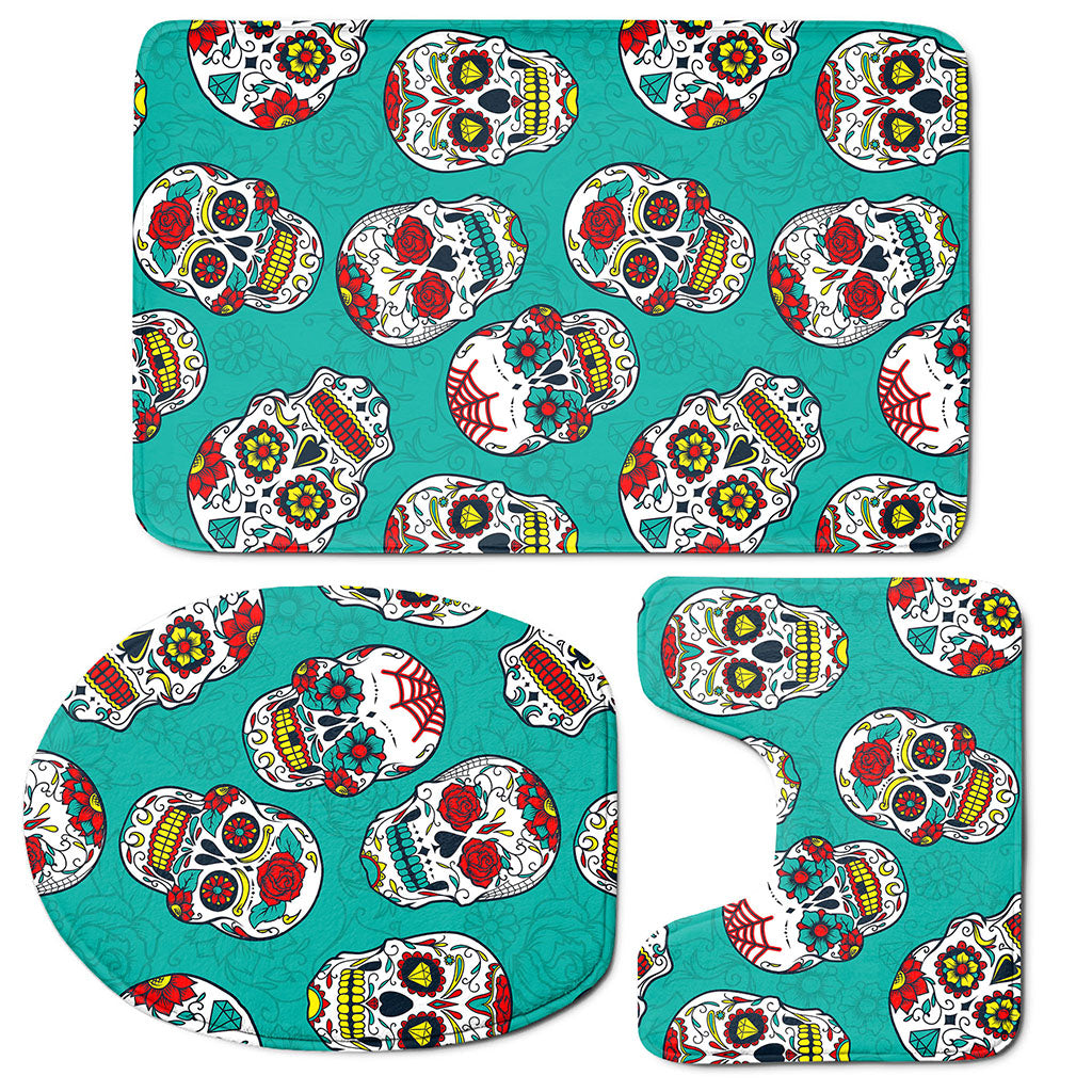Teal Sugar Skull Pattern Print 3 Piece Bath Mat Set