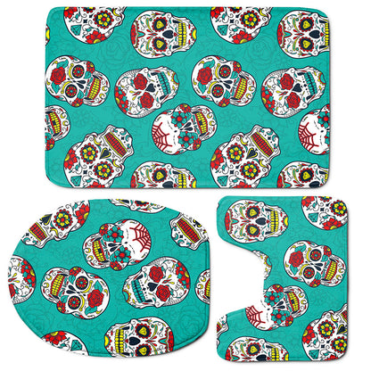 Teal Sugar Skull Pattern Print 3 Piece Bath Mat Set