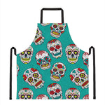 Teal Sugar Skull Pattern Print Apron