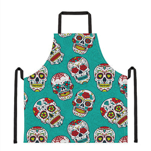 Teal Sugar Skull Pattern Print Apron