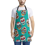 Teal Sugar Skull Pattern Print Apron