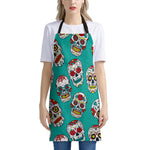 Teal Sugar Skull Pattern Print Apron