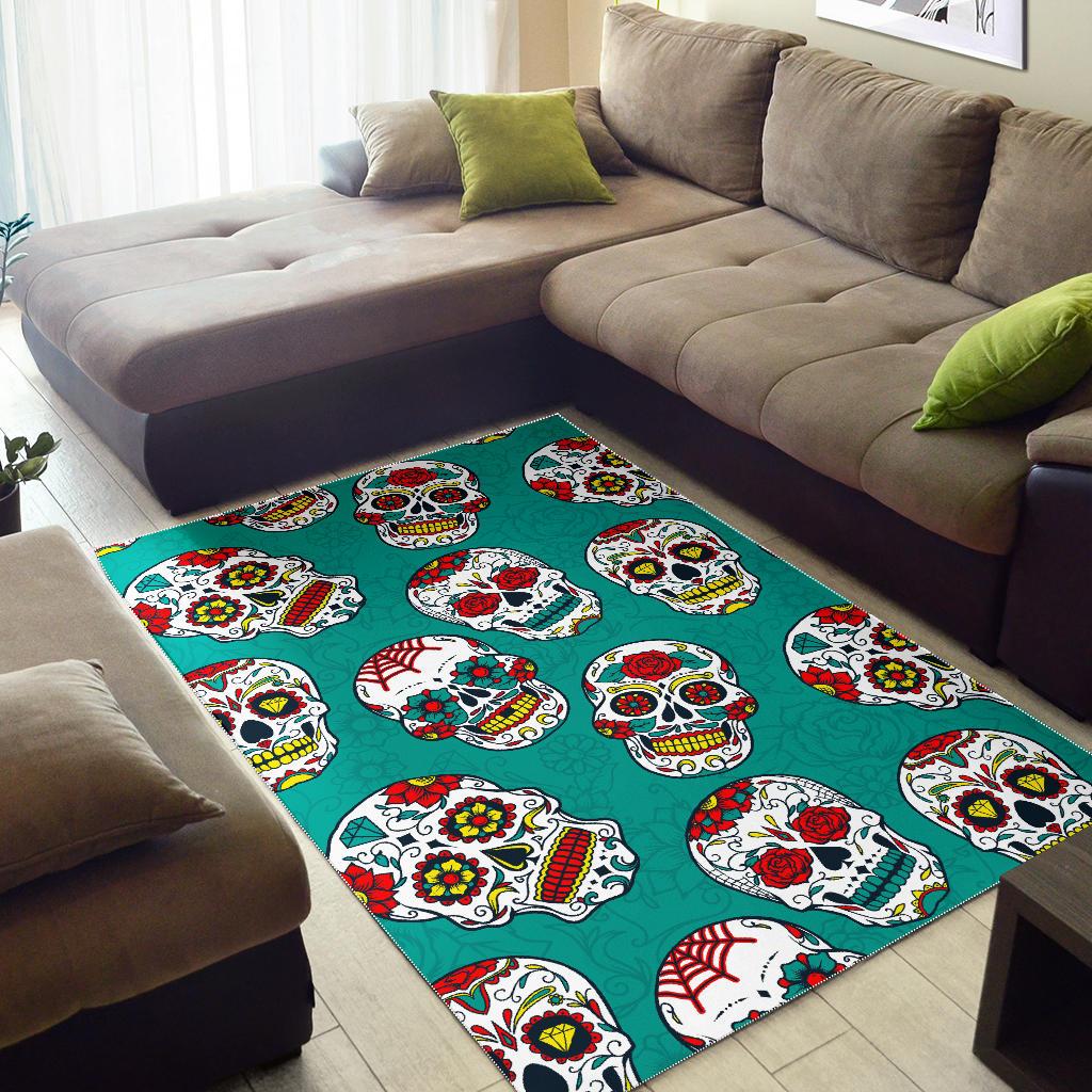 Teal Sugar Skull Pattern Print Area Rug GearFrost