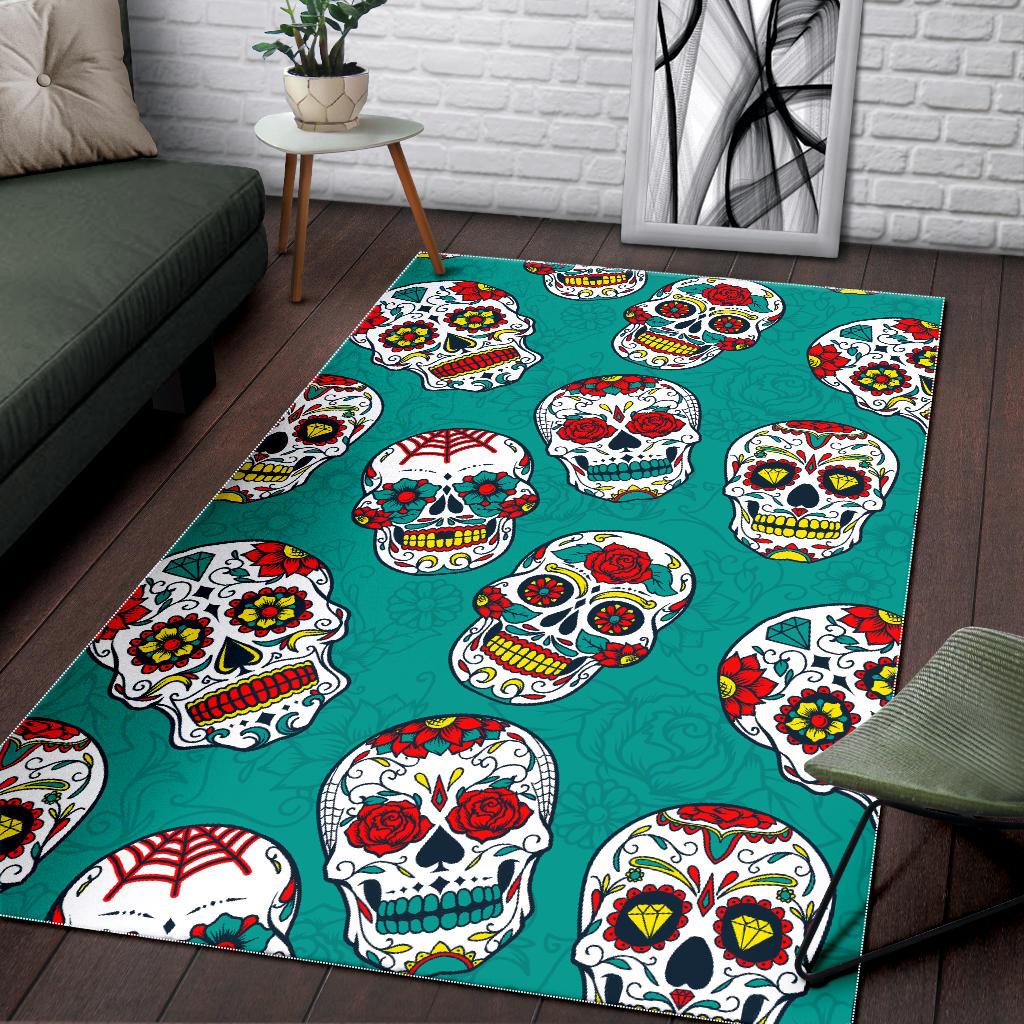 Teal Sugar Skull Pattern Print Area Rug GearFrost