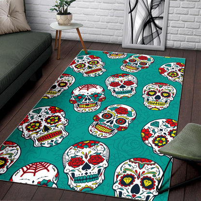 Teal Sugar Skull Pattern Print Area Rug GearFrost