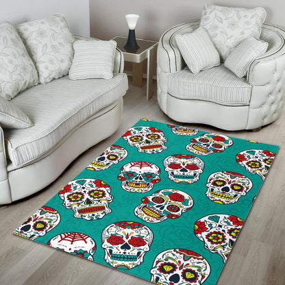 Teal Sugar Skull Pattern Print Area Rug GearFrost