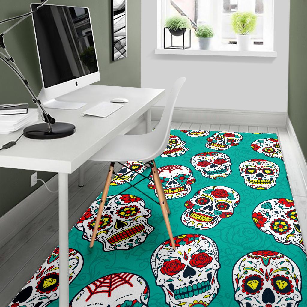 Teal Sugar Skull Pattern Print Area Rug GearFrost