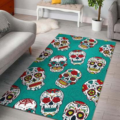Teal Sugar Skull Pattern Print Area Rug GearFrost