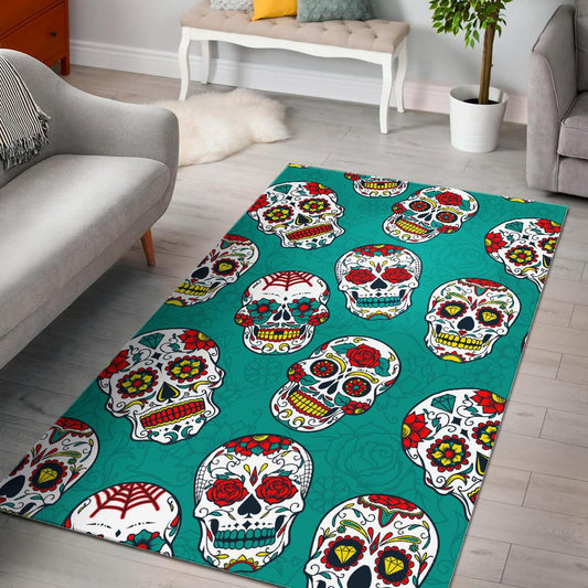 Teal Sugar Skull Pattern Print Area Rug GearFrost
