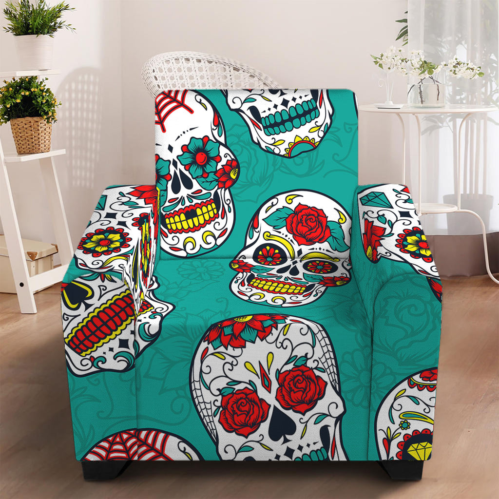 Teal Sugar Skull Pattern Print Armchair Slipcover