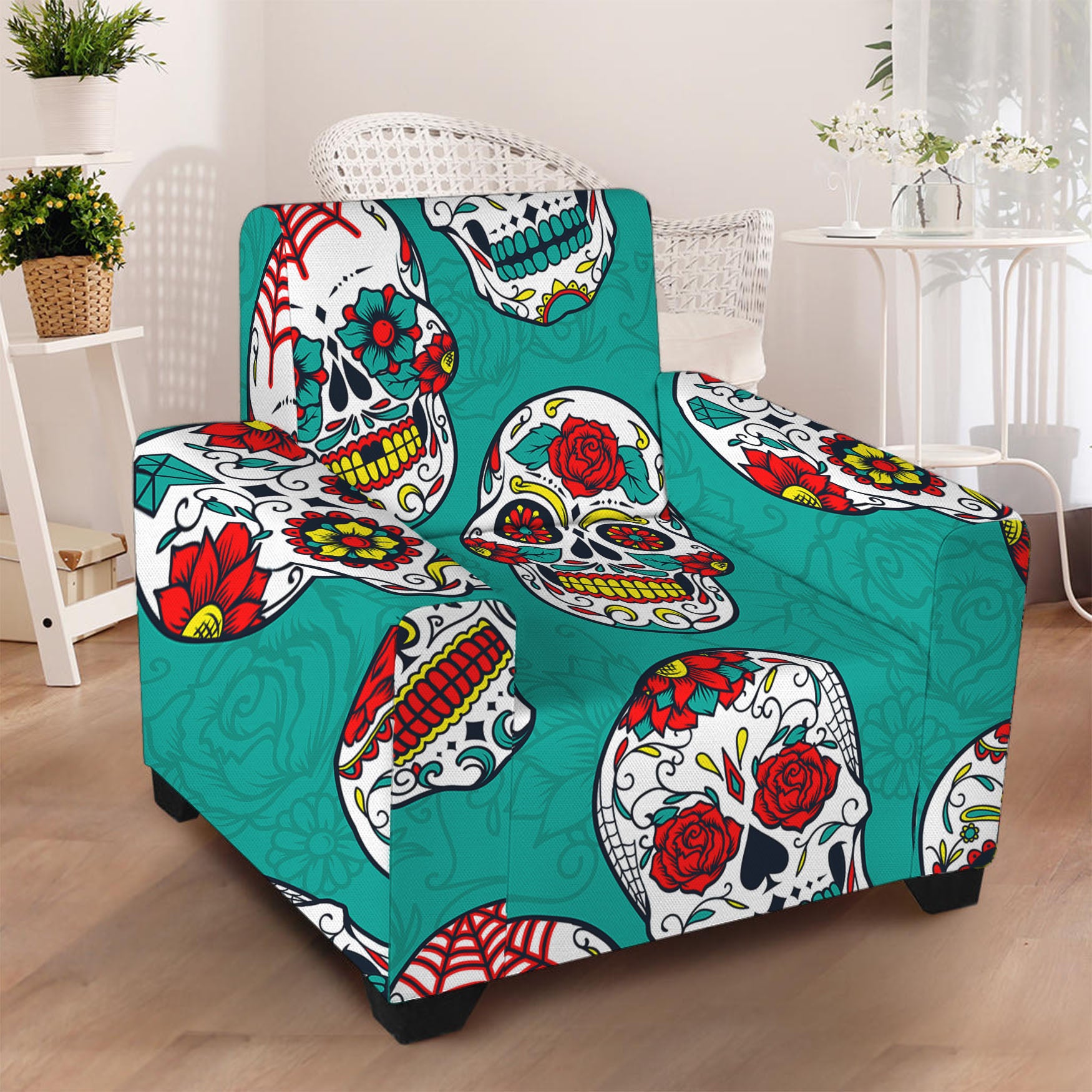 Teal Sugar Skull Pattern Print Armchair Slipcover