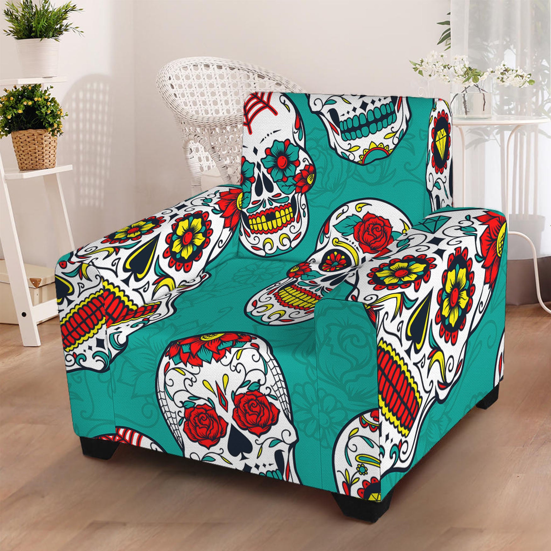 Teal Sugar Skull Pattern Print Armchair Slipcover