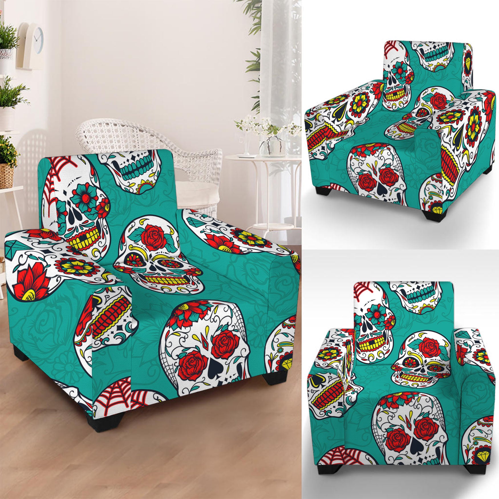 Teal Sugar Skull Pattern Print Armchair Slipcover