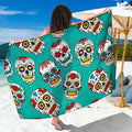 Teal Sugar Skull Pattern Print Beach Sarong Wrap