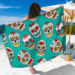 Teal Sugar Skull Pattern Print Beach Sarong Wrap