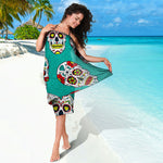 Teal Sugar Skull Pattern Print Beach Sarong Wrap