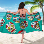 Teal Sugar Skull Pattern Print Beach Sarong Wrap