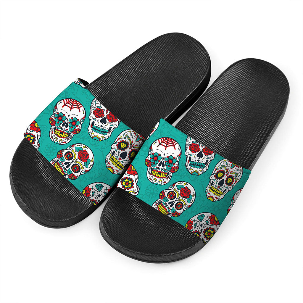 Teal Sugar Skull Pattern Print Black Slide Sandals