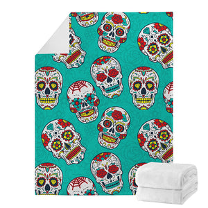 Teal Sugar Skull Pattern Print Blanket
