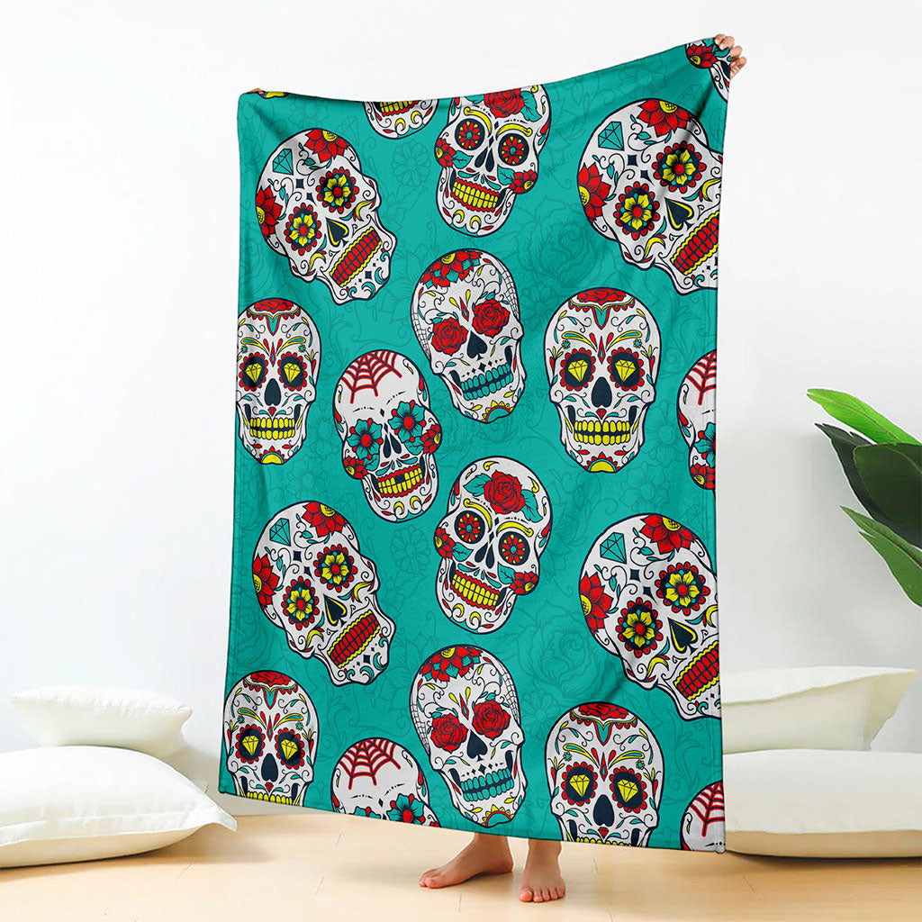 Teal Sugar Skull Pattern Print Blanket