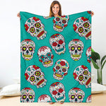 Teal Sugar Skull Pattern Print Blanket