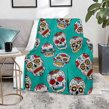 Teal Sugar Skull Pattern Print Blanket
