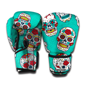 Teal Sugar Skull Pattern Print Boxing Gloves