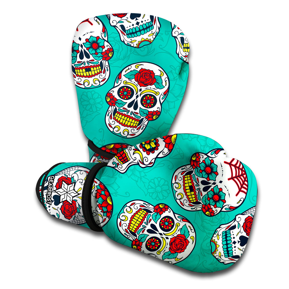 Teal Sugar Skull Pattern Print Boxing Gloves