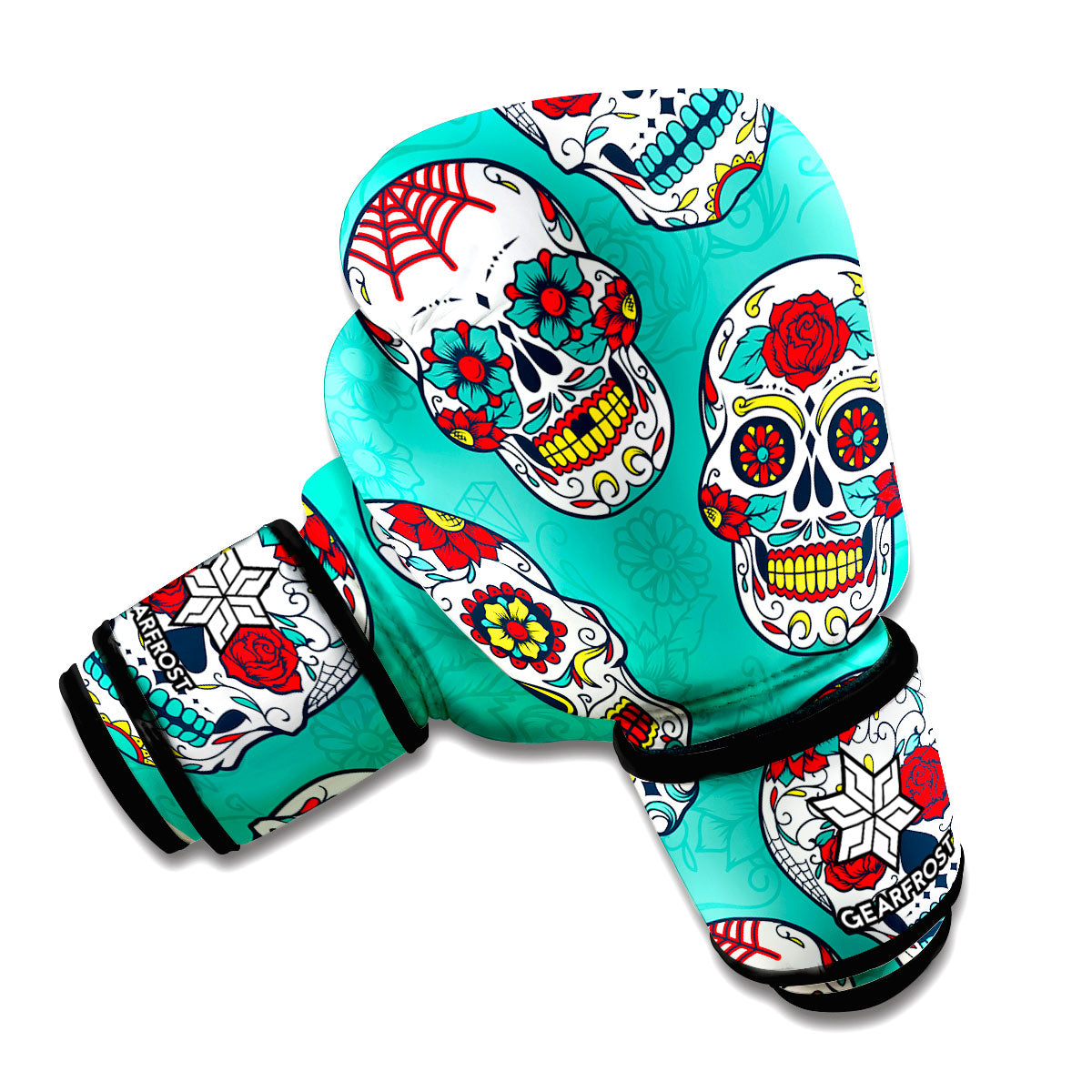 Teal Sugar Skull Pattern Print Boxing Gloves