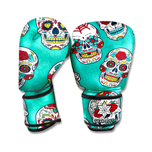 Teal Sugar Skull Pattern Print Boxing Gloves